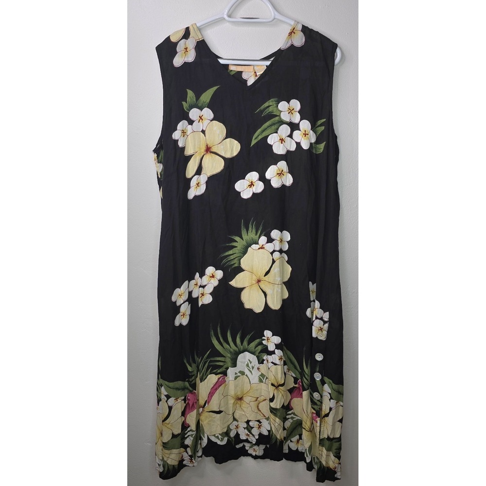 LA CERA Black Floral Rayon Sleeveless Hawaiian Shift Dress XL -3141 - Picture 2 of 7